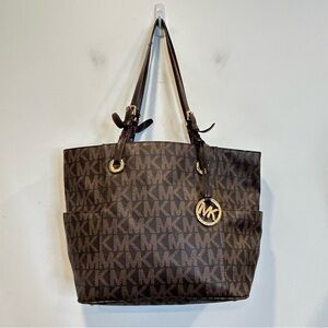 Michael Kors Jet Set Medium East West Signature Monogram Tote Purse Bag Brown